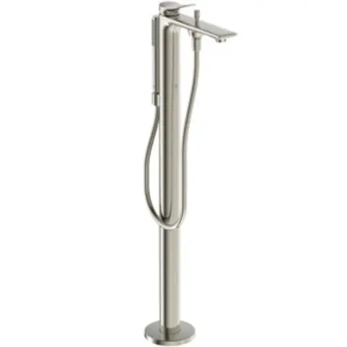 Freistehende Badewannenarmatur in Silber mit einem schlanken Design von Ideal Standard, ausgestattet mit einem Handbrausenanschluss und einem modernen Auslauf.